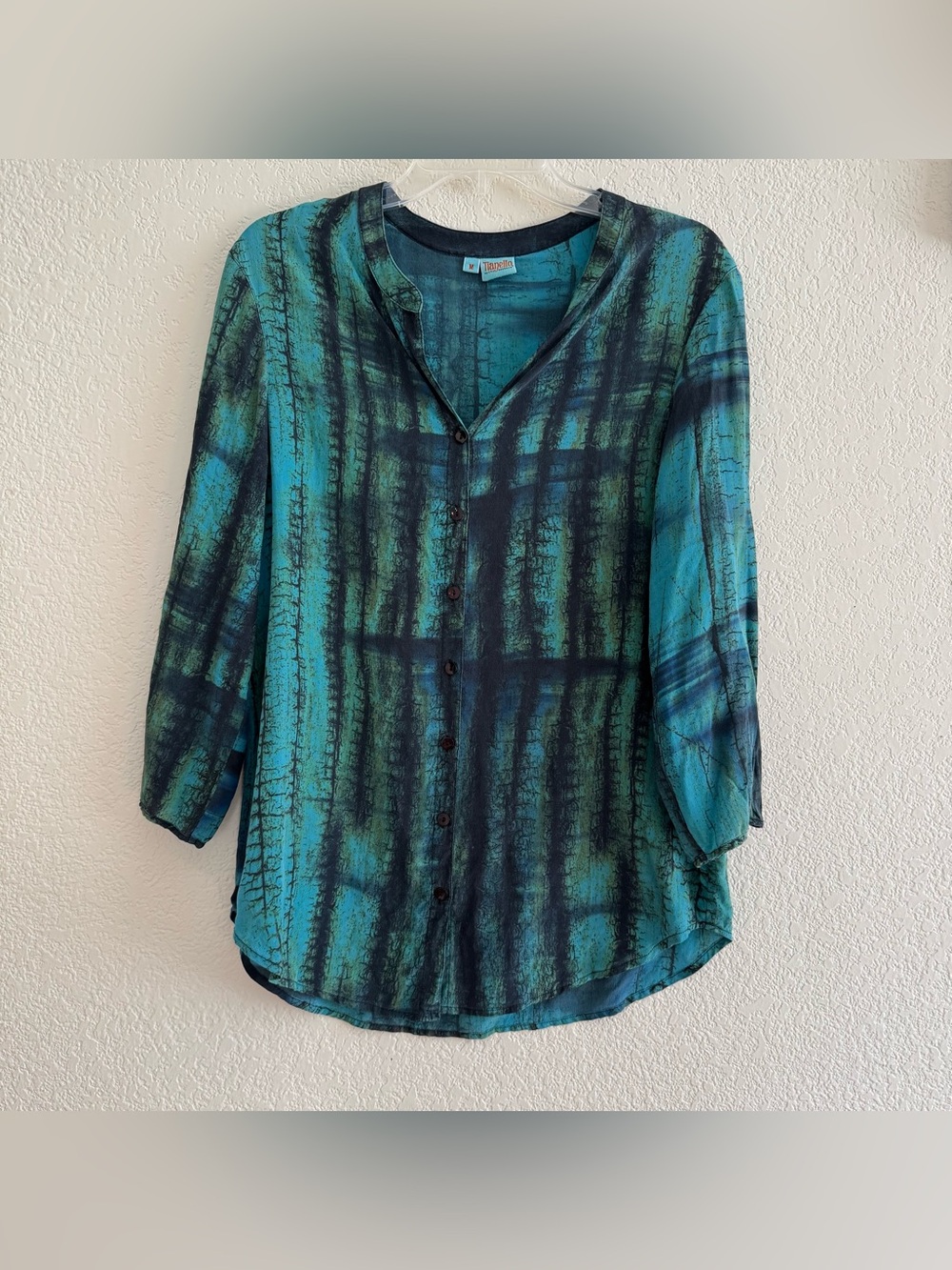 VTG Tianello Green Teal 100% Silk Blouse Button Up 3/4 Sleeve Artsy Abstract M